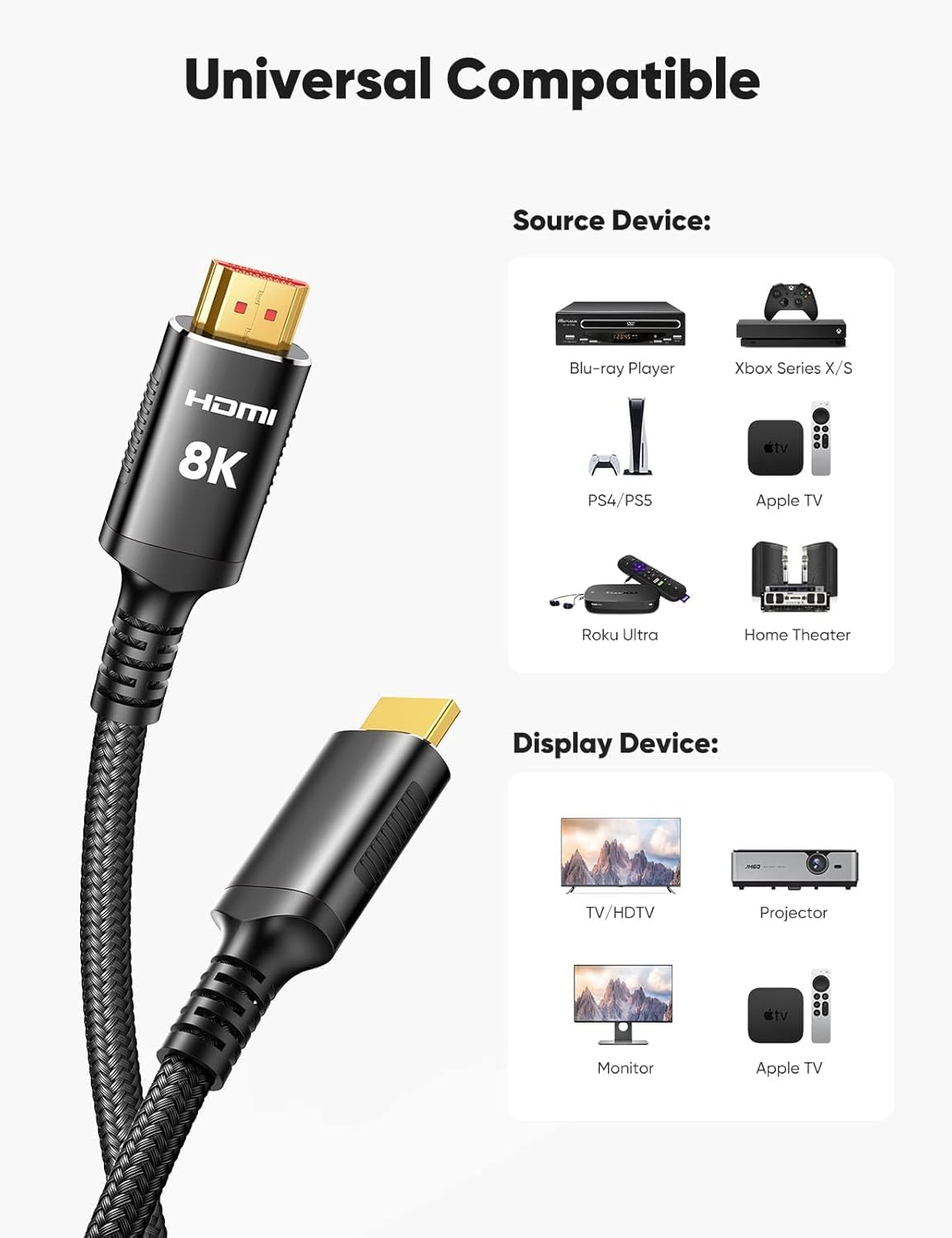 Snowkids 8K Certified HDMI 2.1 Cable 10 ft, 48Gbps Ultra High-Speed HDMI Cables Cord, 10K 8K@60Hz, 4K@120Hz Compatible for TV/Laptop/Monitor/PS5/Xbox/Projector/Entertainment/Sound System & More-5