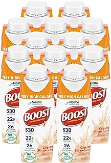 BOOST Very High Calorie Nutritional Drink Creamy Strawberry, Made with Natural Strawberry Flavor & No Artificial Flavors, Colors & Sweeteners, 8 FL OZ (Pack of 12)