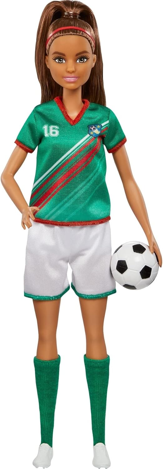 Barbie Careers Fashion Doll & Accessory, Soccer Player with Brunette Ponytail, #16 Uniform, Tall Socks, Cleats & Soccer Ball-0