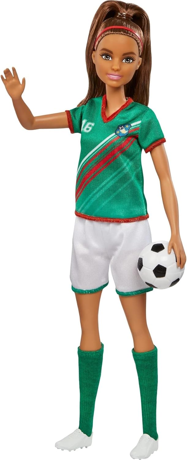 Barbie Careers Fashion Doll & Accessory, Soccer Player with Brunette Ponytail, #16 Uniform, Tall Socks, Cleats & Soccer Ball-2