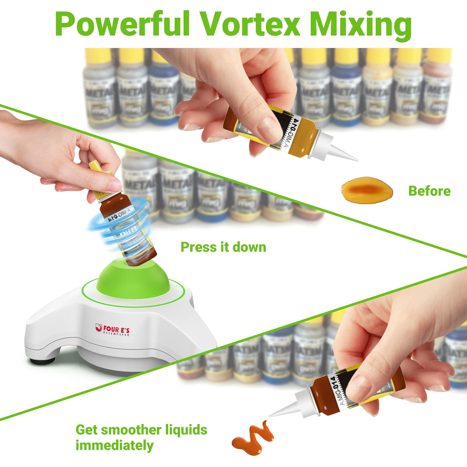 FOUR E'S SCIENTIFIC Mini Vortex Mixer - Lab Vortex Shaker with Extra Silicone Cap & 300 pcs 7/32 in Mixing Balls, 5600 RPM, for Acrylic Miniature Hobby Model Paints, Green-1