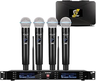 G-MARK UHF Wireless Microphone System G44S Karaoke 4 Channels Cordless Microphone System, Frequency Adjustable 100M/328FT for Stage Church, Metal Body with Case