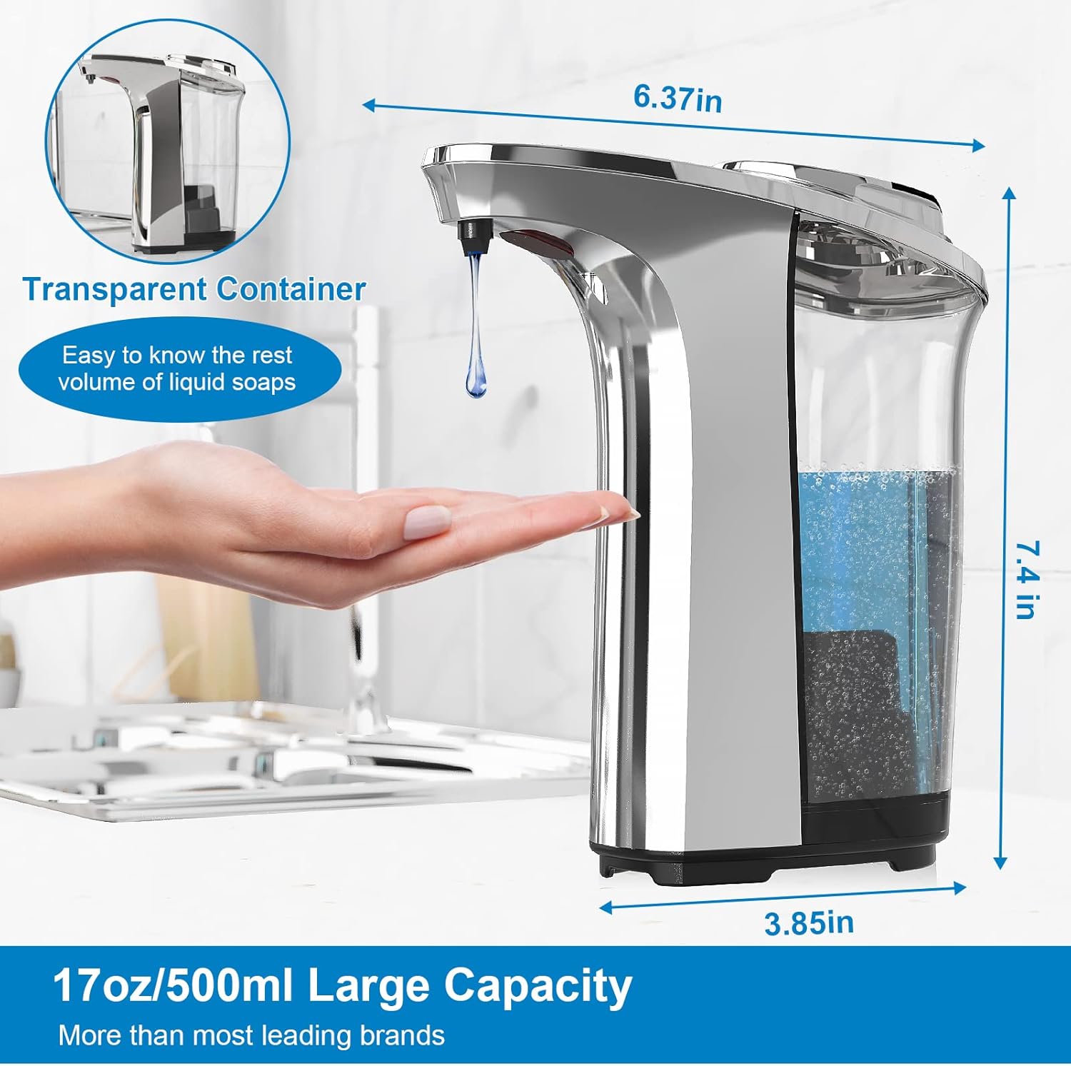 Automatic Soap Dispenser, Touchless Dish Soap Dispenser 17oz/500ml with Infrared Sensor, 5 Adjustable Soap Levels, Liquid Hand Soap Dispenser for Bathroom Kitchen (Silver)-2