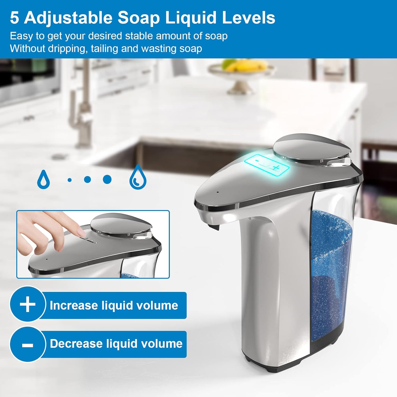 Automatic Soap Dispenser, Touchless Dish Soap Dispenser 17oz/500ml with Infrared Sensor, 5 Adjustable Soap Levels, Liquid Hand Soap Dispenser for Bathroom Kitchen (Silver)-3