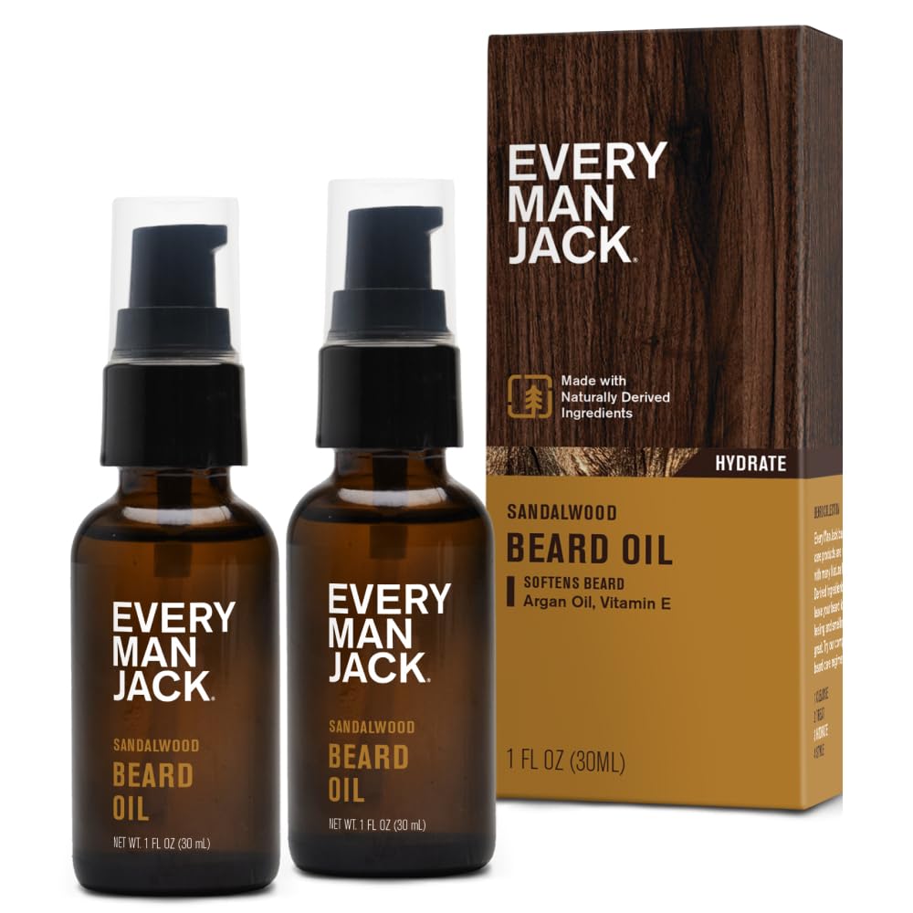 Every Man Jack Mens Beard Oil - Subtle Sandalwood Fragrance - Deeply Moisturizes and Softens Your Beard and Adds a Natural Shine - Naturally Derived with Shea Butter and Argan Oil - 1 fl oz (2 Pack)-0