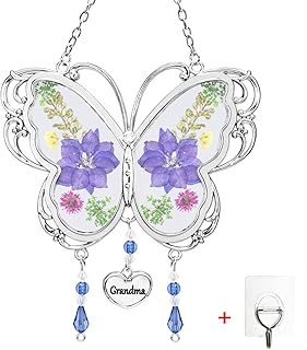 BOGDAN Crystal Butterfly Suncatcher with Pressed Flower Wings Mom Mother's Day Butterfly Glass Wind Chime Ornament Charm with Metal Heart Happy Birthday Gifts for Grandma with Free Hook (Grandma)