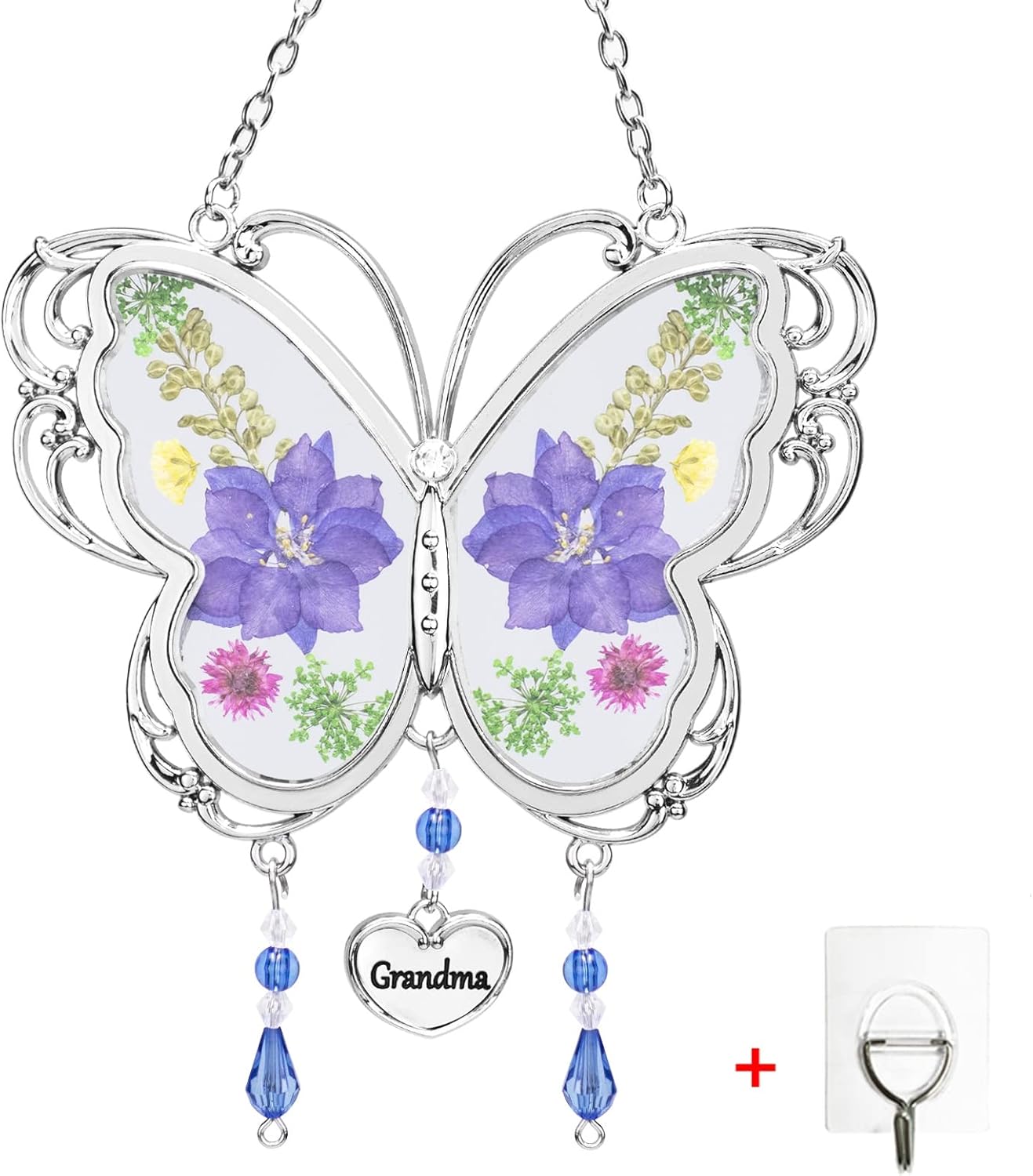 BOGDAN Crystal Butterfly Suncatcher with Pressed Flower Wings Mom Mother's Day Butterfly Glass Wind Chime Ornament Charm with Metal Heart Happy Birthday Gifts for Grandma with Free Hook (Grandma)-0