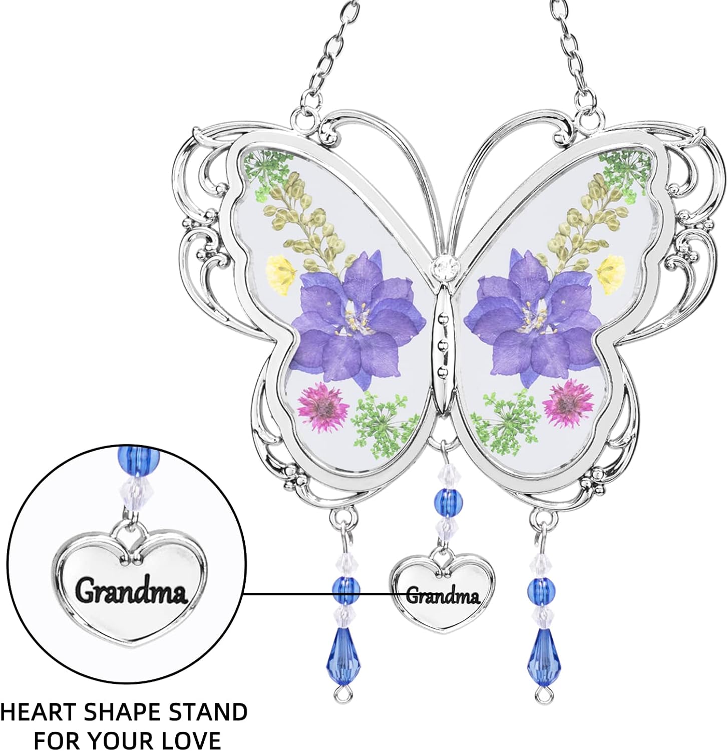 BOGDAN Crystal Butterfly Suncatcher with Pressed Flower Wings Mom Mother's Day Butterfly Glass Wind Chime Ornament Charm with Metal Heart Happy Birthday Gifts for Grandma with Free Hook (Grandma)-1