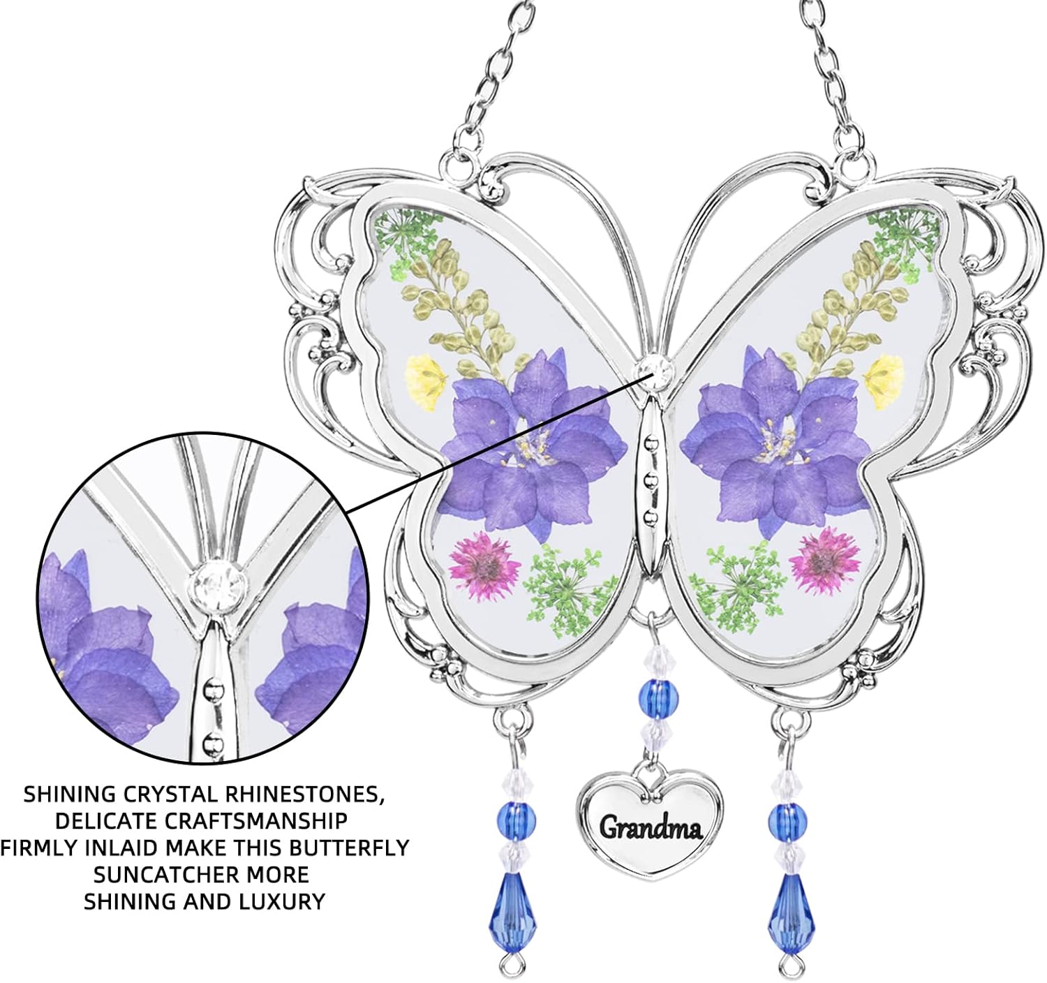 BOGDAN Crystal Butterfly Suncatcher with Pressed Flower Wings Mom Mother's Day Butterfly Glass Wind Chime Ornament Charm with Metal Heart Happy Birthday Gifts for Grandma with Free Hook (Grandma)-2