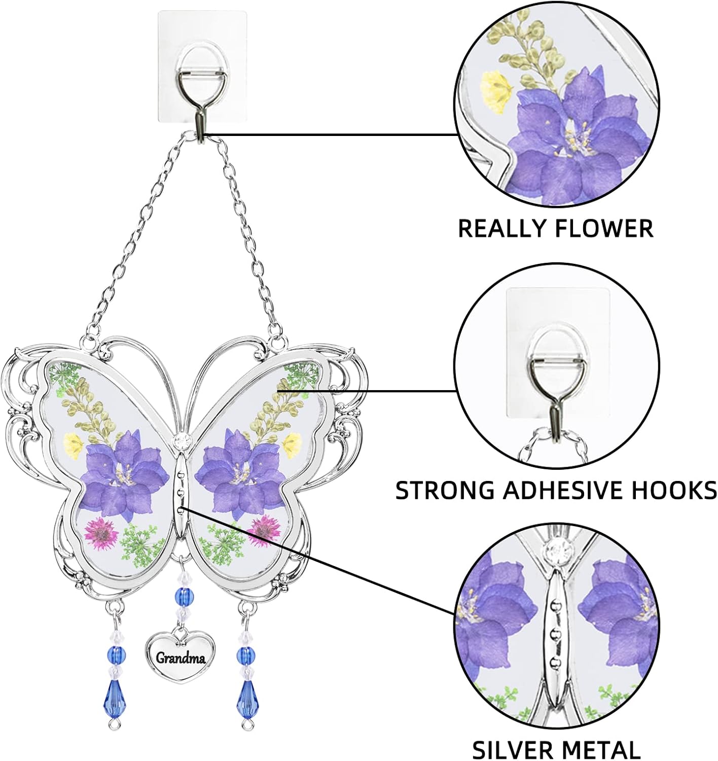 BOGDAN Crystal Butterfly Suncatcher with Pressed Flower Wings Mom Mother's Day Butterfly Glass Wind Chime Ornament Charm with Metal Heart Happy Birthday Gifts for Grandma with Free Hook (Grandma)-3