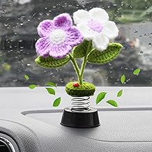 Sun Flower Car Dashboard Decorations, Dashboard Bobbleheads Knitted Flowers for Women Car Ornament Accessories (Handmade White 1PCS)