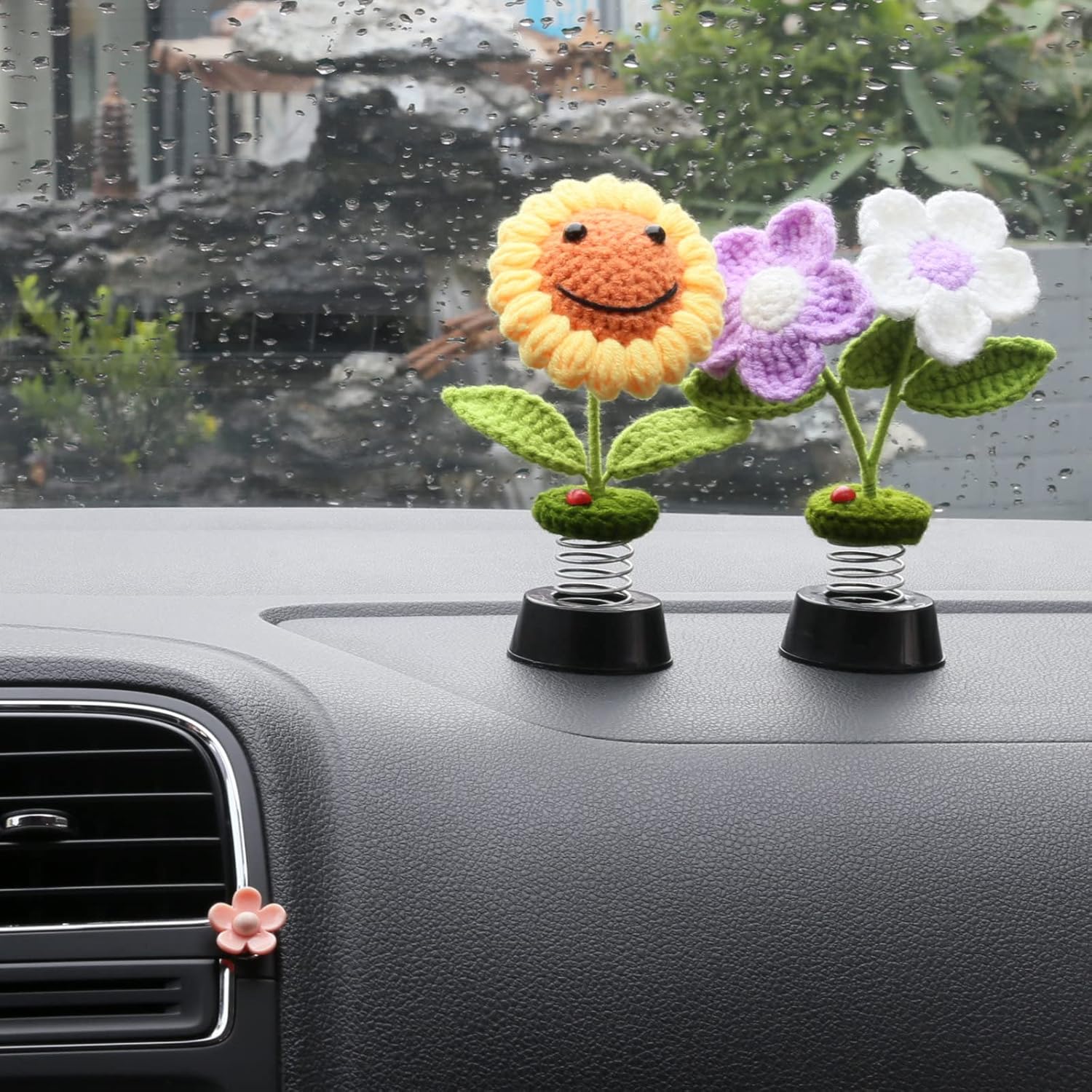 Sun Flower Car Dashboard Decorations, Dashboard Bobbleheads Knitted Flowers for Women Car Ornament Accessories (Handmade White 1PCS)-3