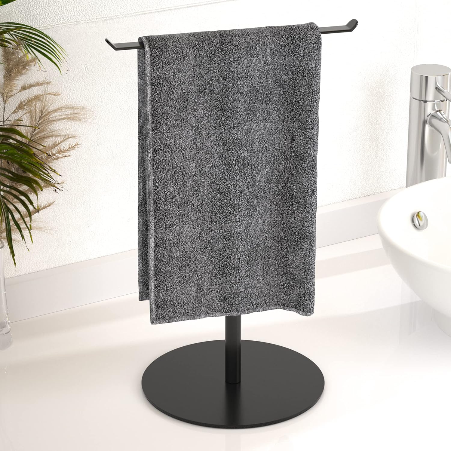 Matte Black Hand Towel Holder for Bathroom, T-Shape Towel Rack Free-Standing, Highweight Base Bathroom Towel Rack, Stainless Steel Hand Towel Stand, Bathroom Organizer Countertop-0