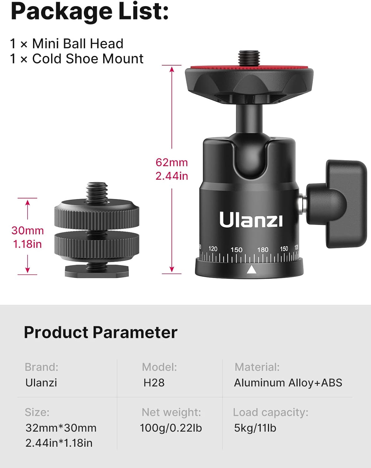 Mini Ball Head, ULANZI H28 Panoramic Tripod Head + Dual Hot Shoe Mount DSLR Camera Mount Adapter Photograph Attachment Accessories for Gopro Cam Camcorder Smartphone Light Microphone Loading 5.5lb-5