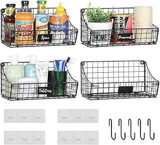 4 Pack Hanging Wall Basket for Organizing, Large Wire Basket for Storage Pantry with 5 S Hook+4 Adhesive Hook, Wall Mounted Shelf for Kitchen Bathroom