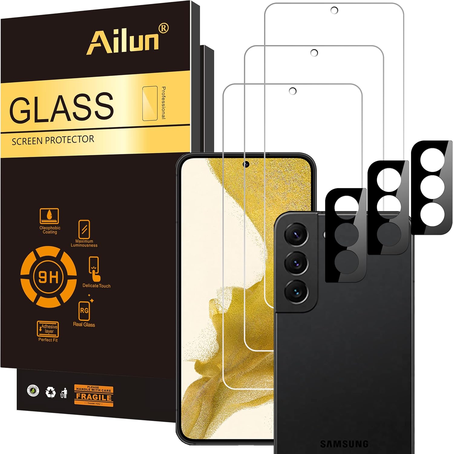 Ailun Glass Screen Protector for Galaxy S22+/S22 Plus 5G 6.6 Inch Display 3Pack + 3Pack Camera Lens Tempered Glass Fingerprint Unlock 0.25mm Clear Anti-Scratch Case Friendly [Not For S22 Ultra]-0