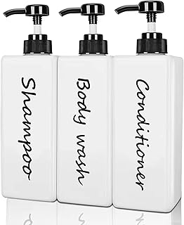 Shampoo and Conditioner Dispenser (Set of 3, 21oz) Modern Refillable Shampoo Pump Bottles for Shower Soap - Empty Body Wash Dispenser Set for Bathroom