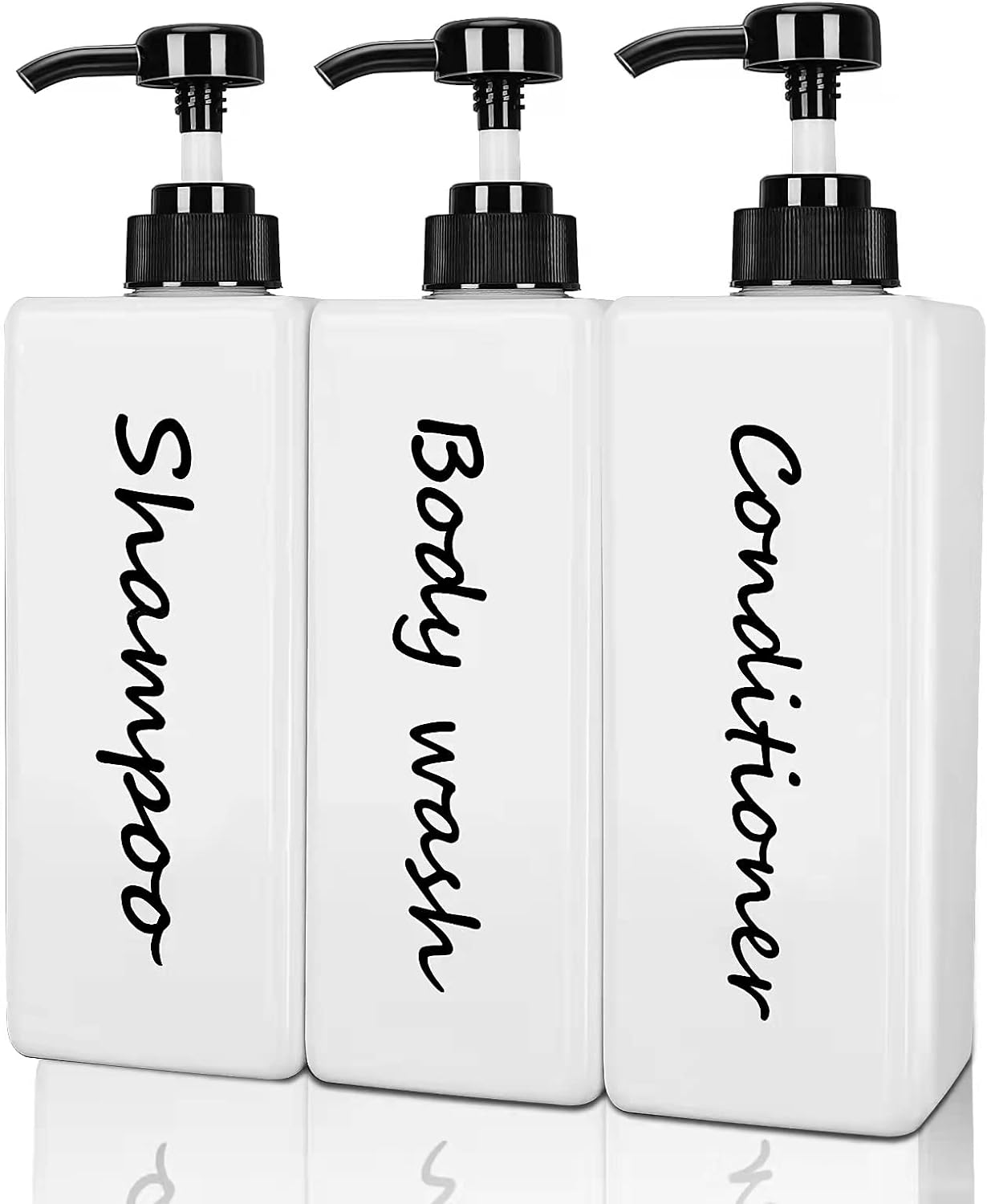 Shampoo and Conditioner Dispenser (Set of 3, 21oz) Modern Refillable Shampoo Pump Bottles for Shower Soap - Empty Body Wash Dispenser Set for Bathroom-0