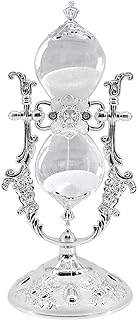 Hourglass Sand Timer Decorative,11.8inch Tall,360° Rotating Metal White Sand Watch 30 Min,Antique Hour Glass Decor for Office Desk- Crafts,Ornaments(Silver)