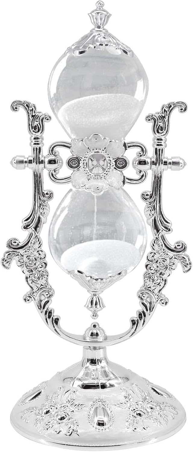 Hourglass Sand Timer Decorative,11.8inch Tall,360° Rotating Metal White Sand Watch 30 Min,Antique Hour Glass Decor for Office Desk- Crafts,Ornaments(Silver)-0