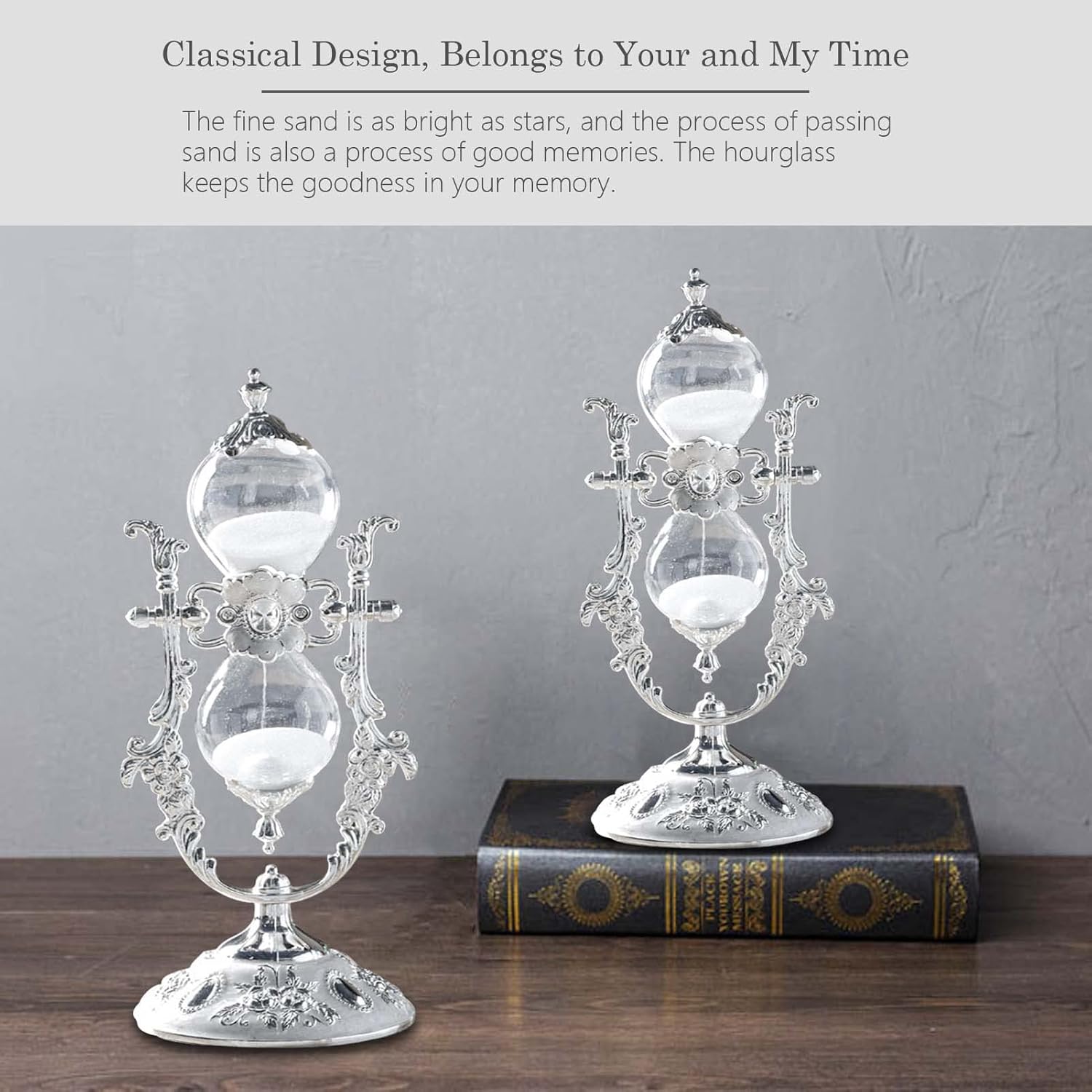 Hourglass Sand Timer Decorative,11.8inch Tall,360° Rotating Metal White Sand Watch 30 Min,Antique Hour Glass Decor for Office Desk- Crafts,Ornaments(Silver)-2