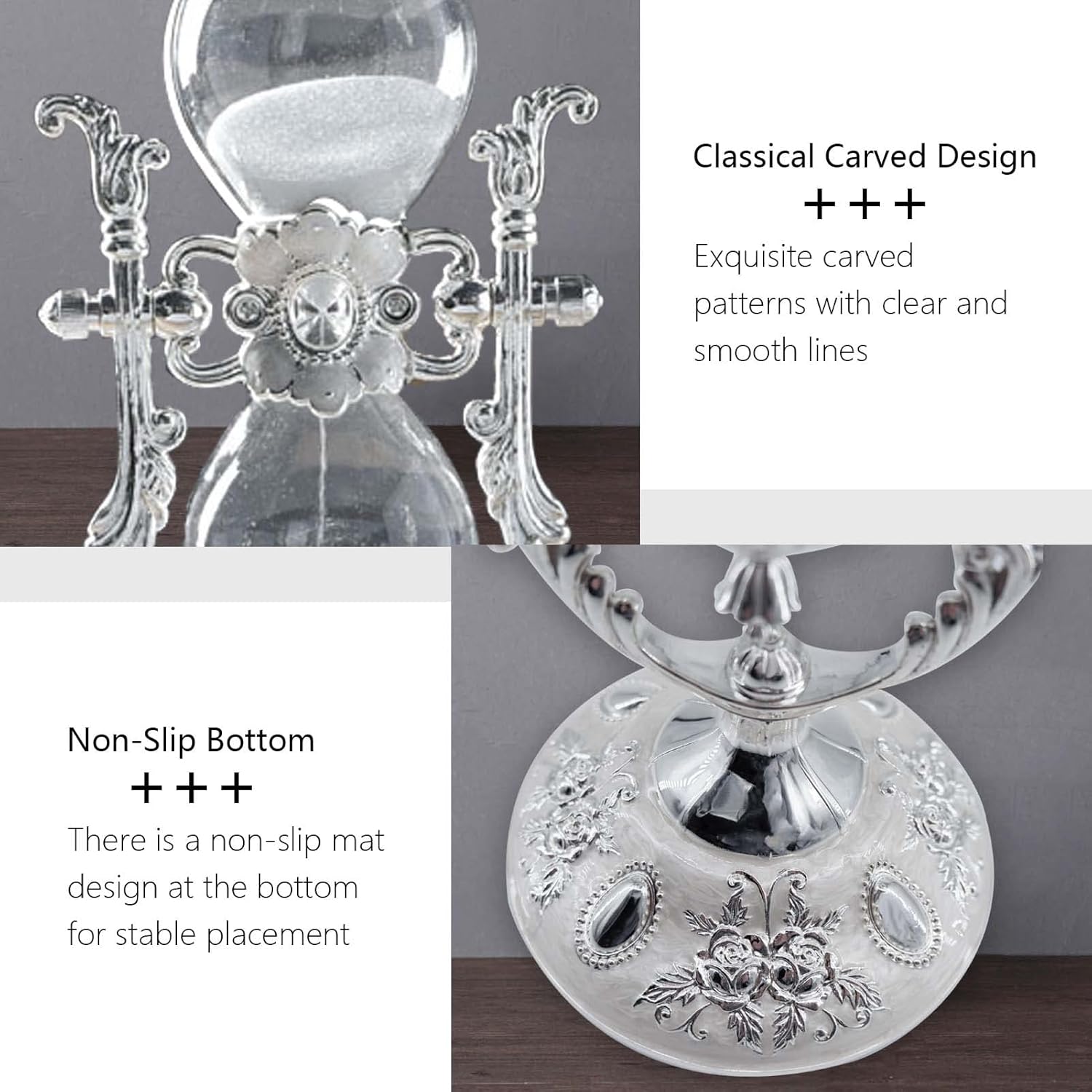 Hourglass Sand Timer Decorative,11.8inch Tall,360° Rotating Metal White Sand Watch 30 Min,Antique Hour Glass Decor for Office Desk- Crafts,Ornaments(Silver)-3