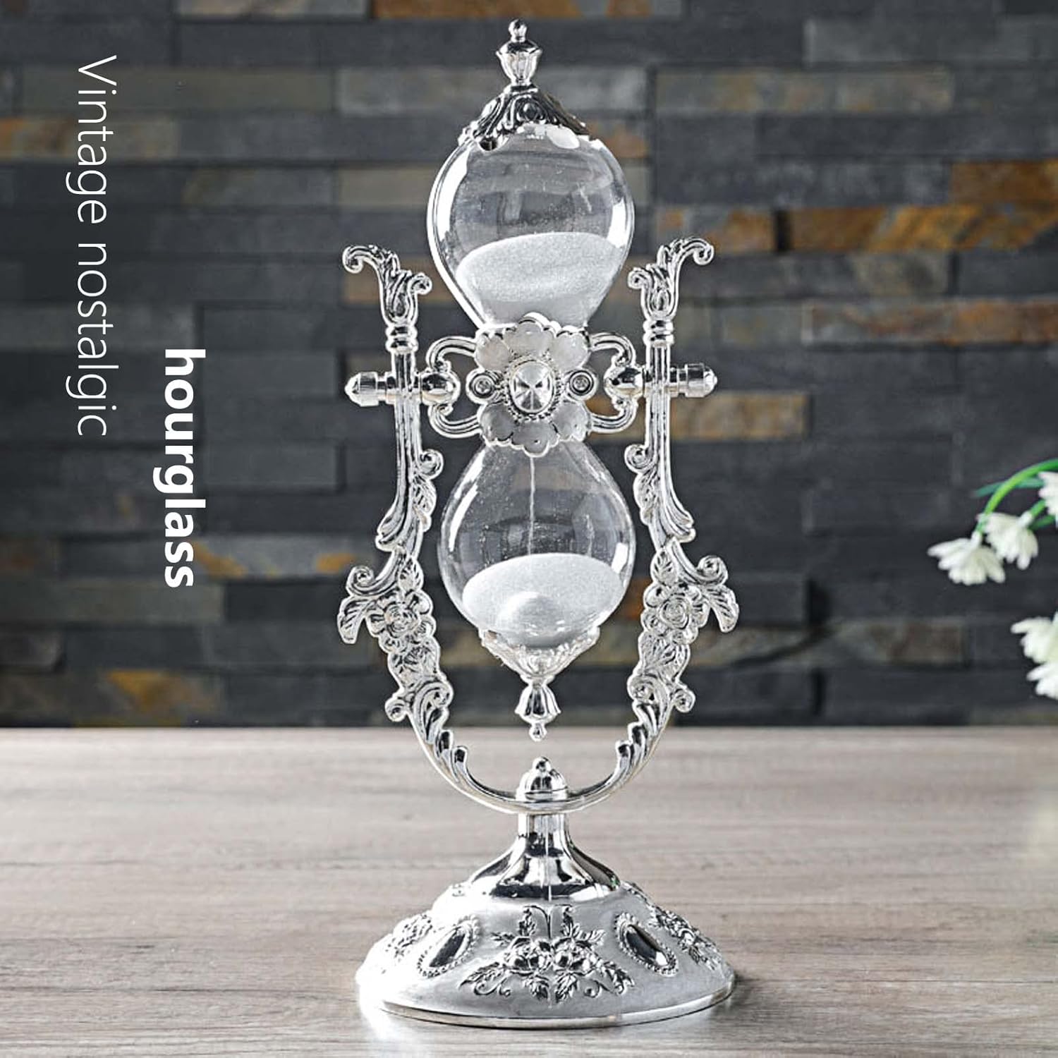 Hourglass Sand Timer Decorative,11.8inch Tall,360° Rotating Metal White Sand Watch 30 Min,Antique Hour Glass Decor for Office Desk- Crafts,Ornaments(Silver)-5