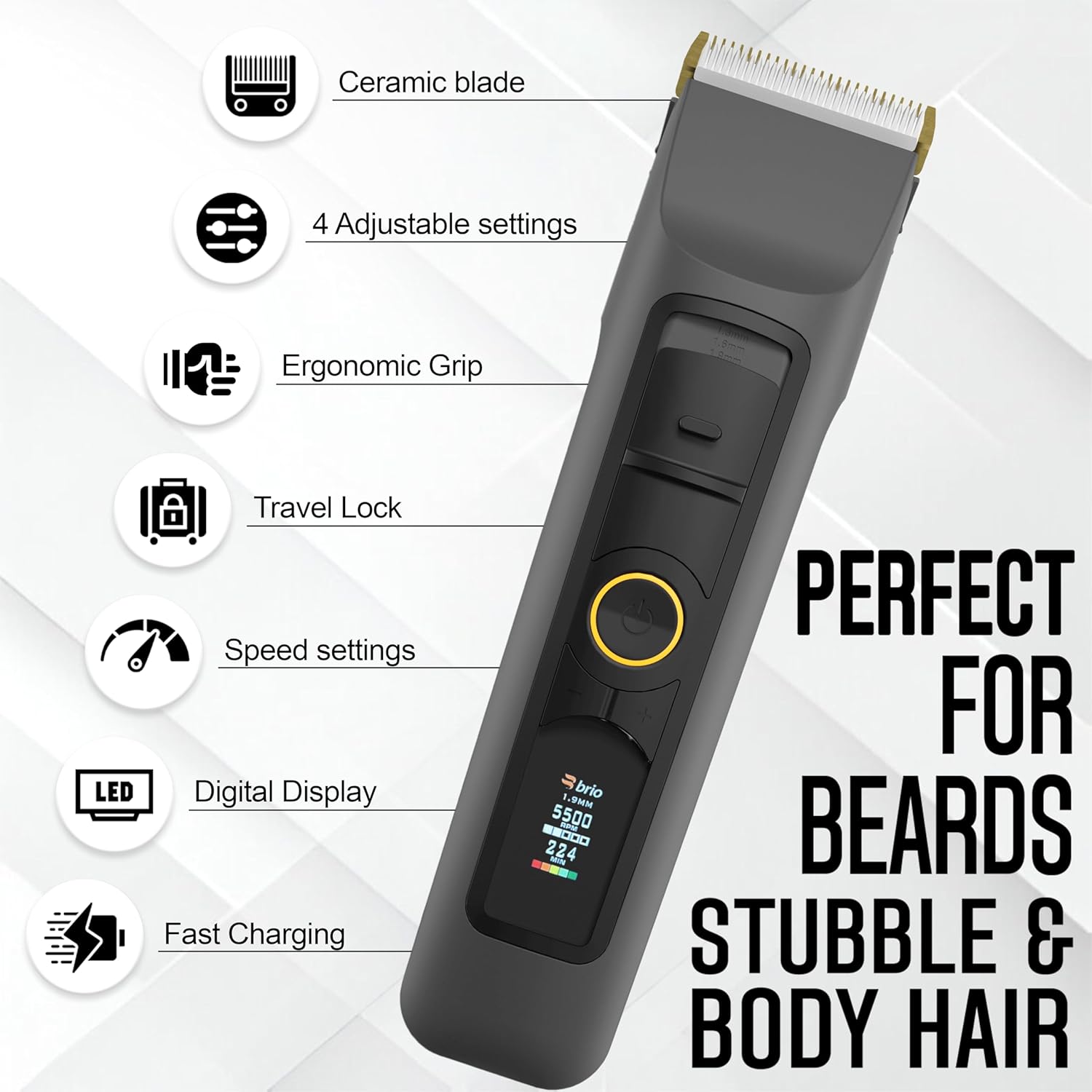 Brio Beardscape V2 Beard Trimmer for Men, Hair Trimmer for Men with Low-Friction Ceramic Blade, Quiet Beard and Mustache Trimmer for Men (Gray)-3