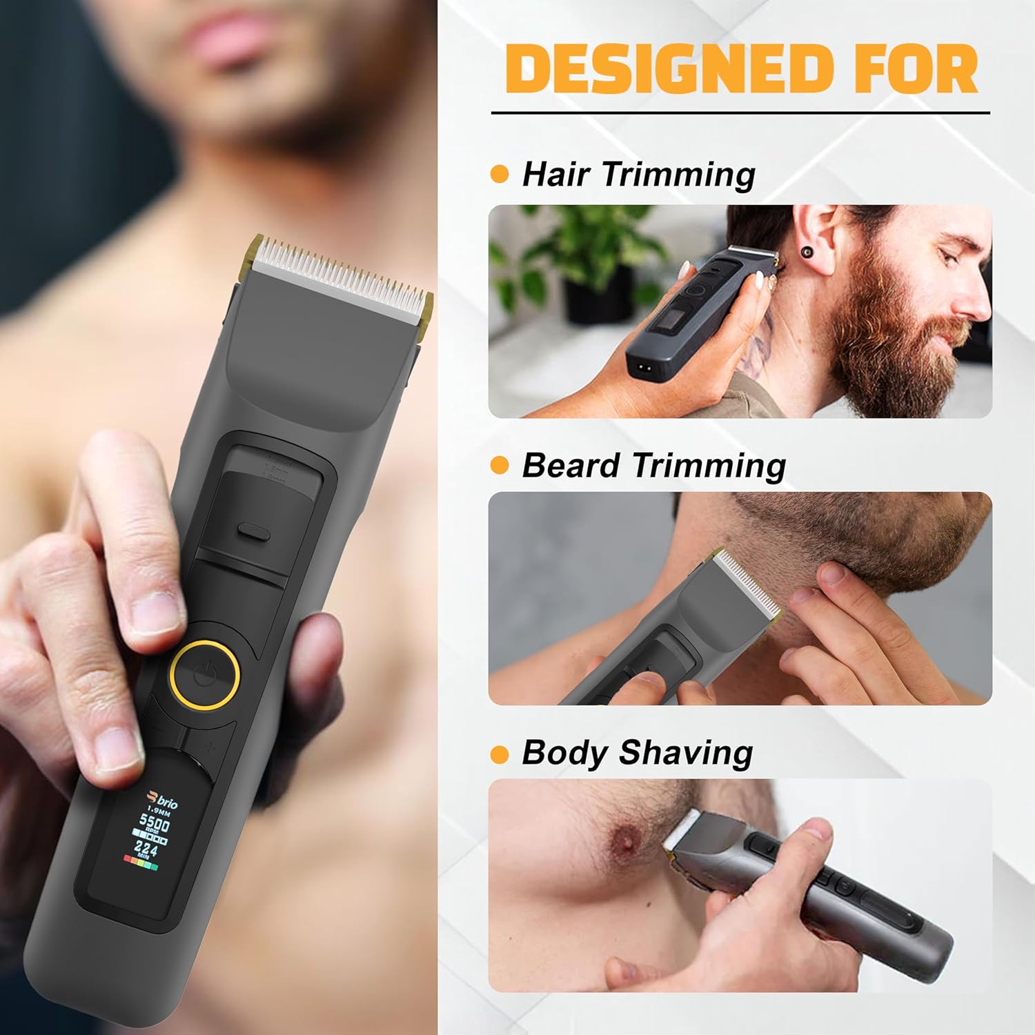 Brio Beardscape V2 Beard Trimmer for Men, Hair Trimmer for Men with Low-Friction Ceramic Blade, Quiet Beard and Mustache Trimmer for Men (Gray)-6