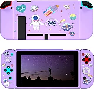 ECHZOVE Switch Purple Case, Switch Soft TPU Case, Astronaut Switch Case with Cat Paw Thumb Grips and Tempered Glass Screen Protector