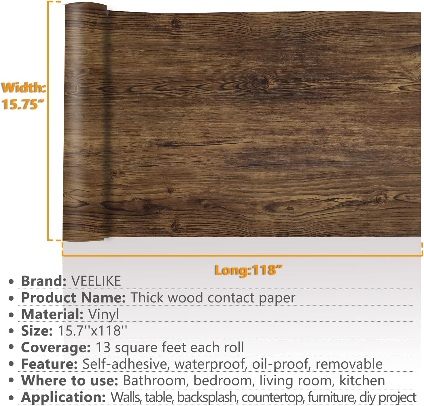 VEELIKE 15.7''x118'' Thick Rustic Wood Wallpaper Peel and Stick Brown Wood Contact Paper Waterproof Self Adhesive Wood Grain Contact Paper for Kitchen Cabinets Countertops Table Shelf Liners Drawer-8