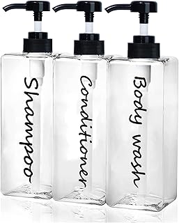 Shampoo Dispenser - Refillable Shampoo and Conditioner Bottles (Clear, Set of 3, 21oz) - Modern Shampoo Bottles for Shower Soap - Empty Shampoo Conditioner Body Wash Dispenser Set - for Bathroom