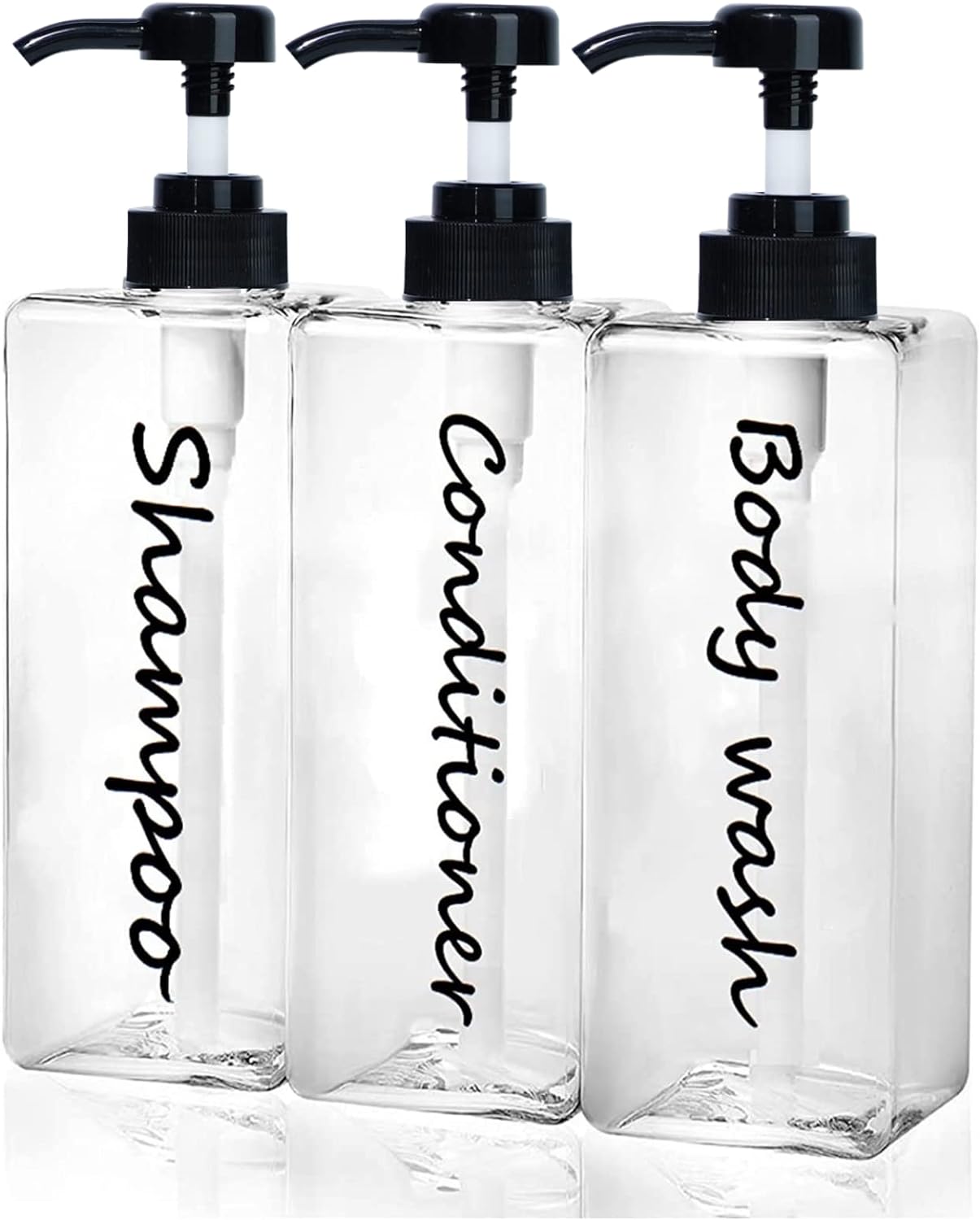 Shampoo Dispenser - Refillable Shampoo and Conditioner Bottles (Clear, Set of 3, 21oz) - Modern Shampoo Bottles for Shower Soap - Empty Shampoo Conditioner Body Wash Dispenser Set - for Bathroom-0