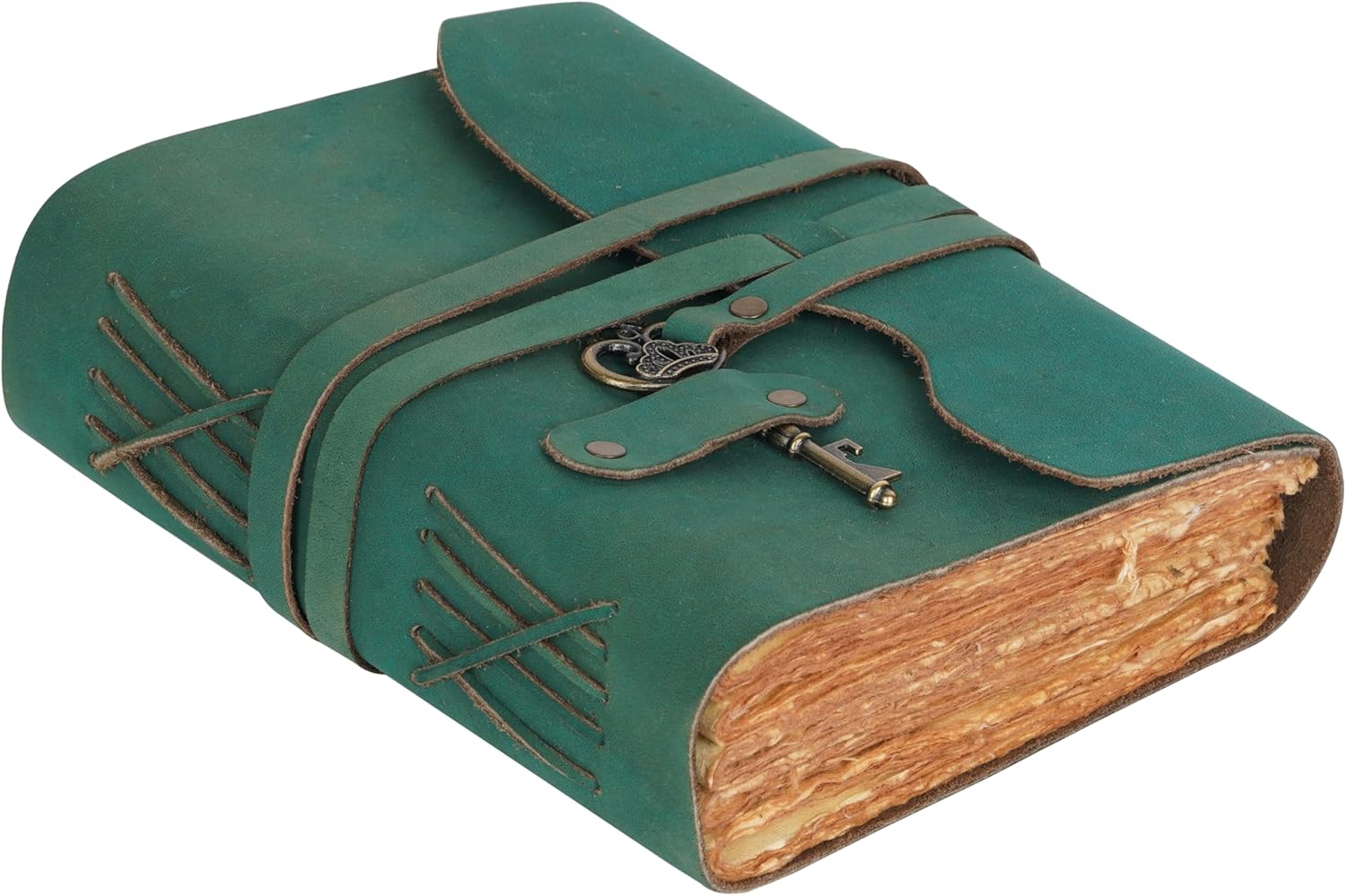 LEATHER VILLAGE Vintage Leather Journal – 200 Handmade Vintage Deckle Edge Paper – Leather bound Journal For Women Men – Vintage Key Closure - Book of Shadows - Turquoise - 6X4 inches (A6)-0