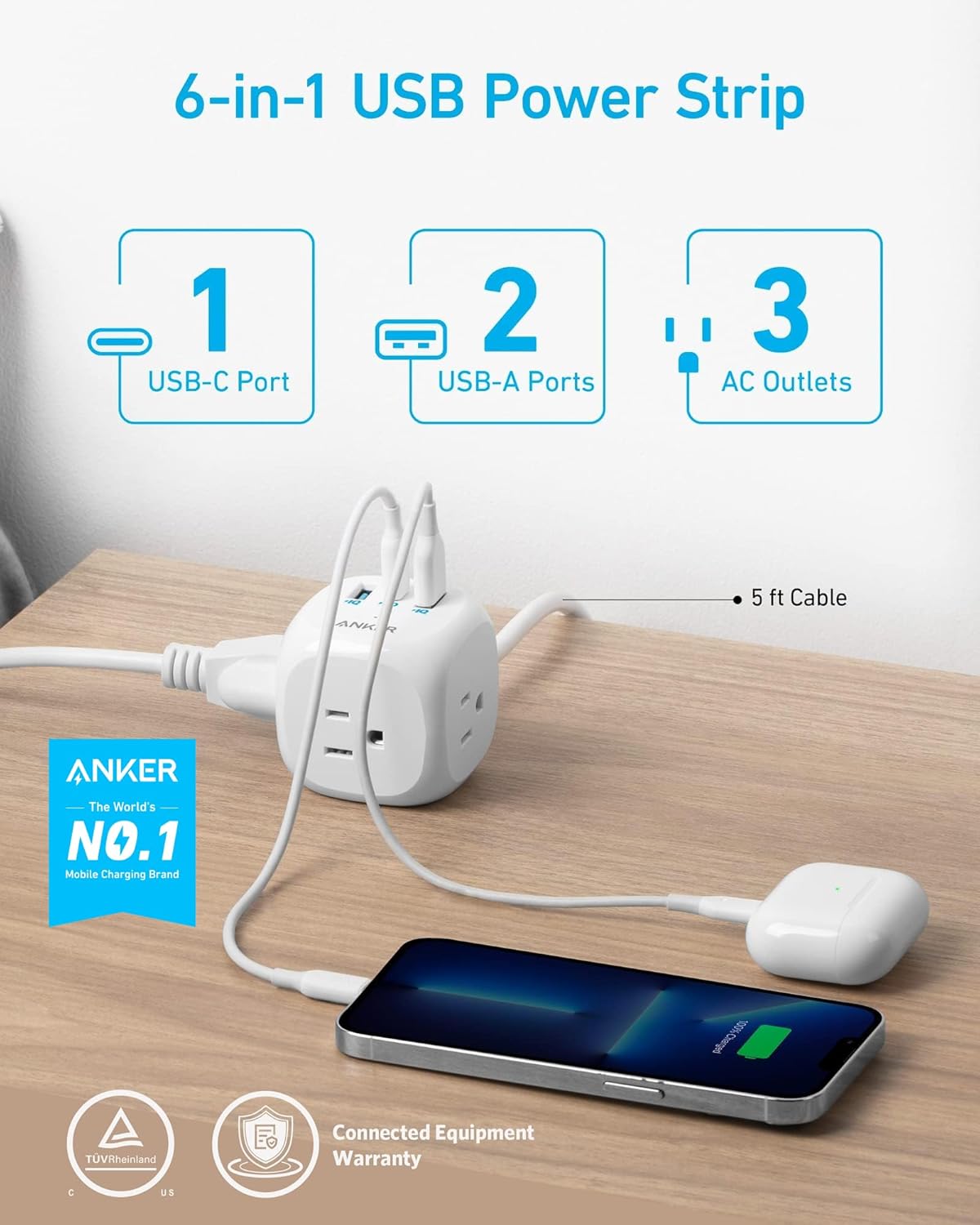 Anker 20W USB C Power Strip, 321 Power Strip with 3 Outlets and USB C Charging for iPhone 15/15 Plus/15 Pro/15 Pro Max, 5 ft Extension Cord, Power Delivery Charging for Dorm Rooms,Home Office-1