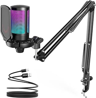 FIFINE Gaming PC USB Microphone, Podcast Condenser Mic with Boom Arm, Pop Filter, Mute Button for Streaming, Twitch, Online Chat, RGB Computer Mic for PC Gamer Youtuber-AmpliGame A6T