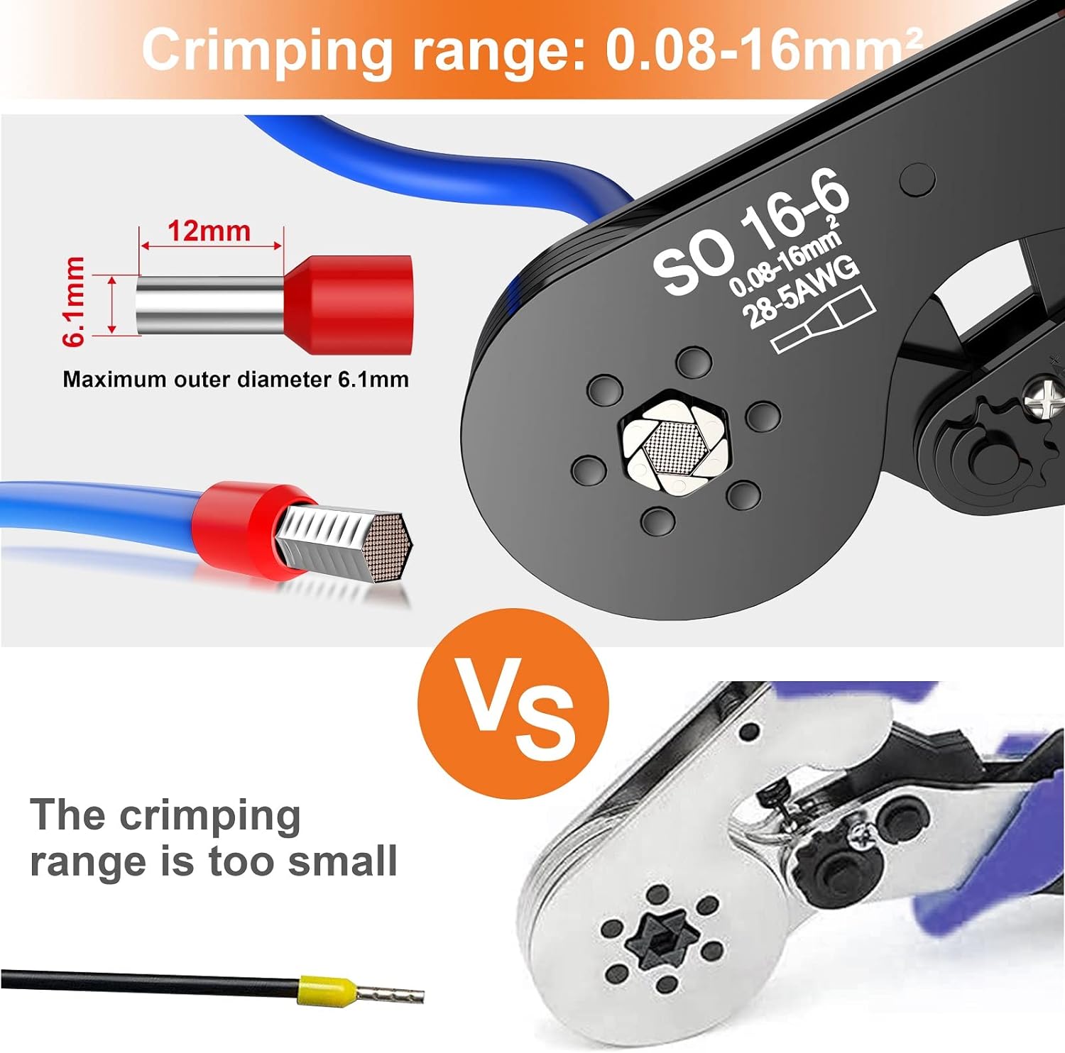 Hexagonal Ferrule Crimper, Preciva 16-6 Hexagonal Jaw Wire Crimping Pliers AWG 28-5 (0.08-16mm²) Self-Adjustable Ratchat Wire Crimping Tools for Wire Terminals Cables End-sleeves-1