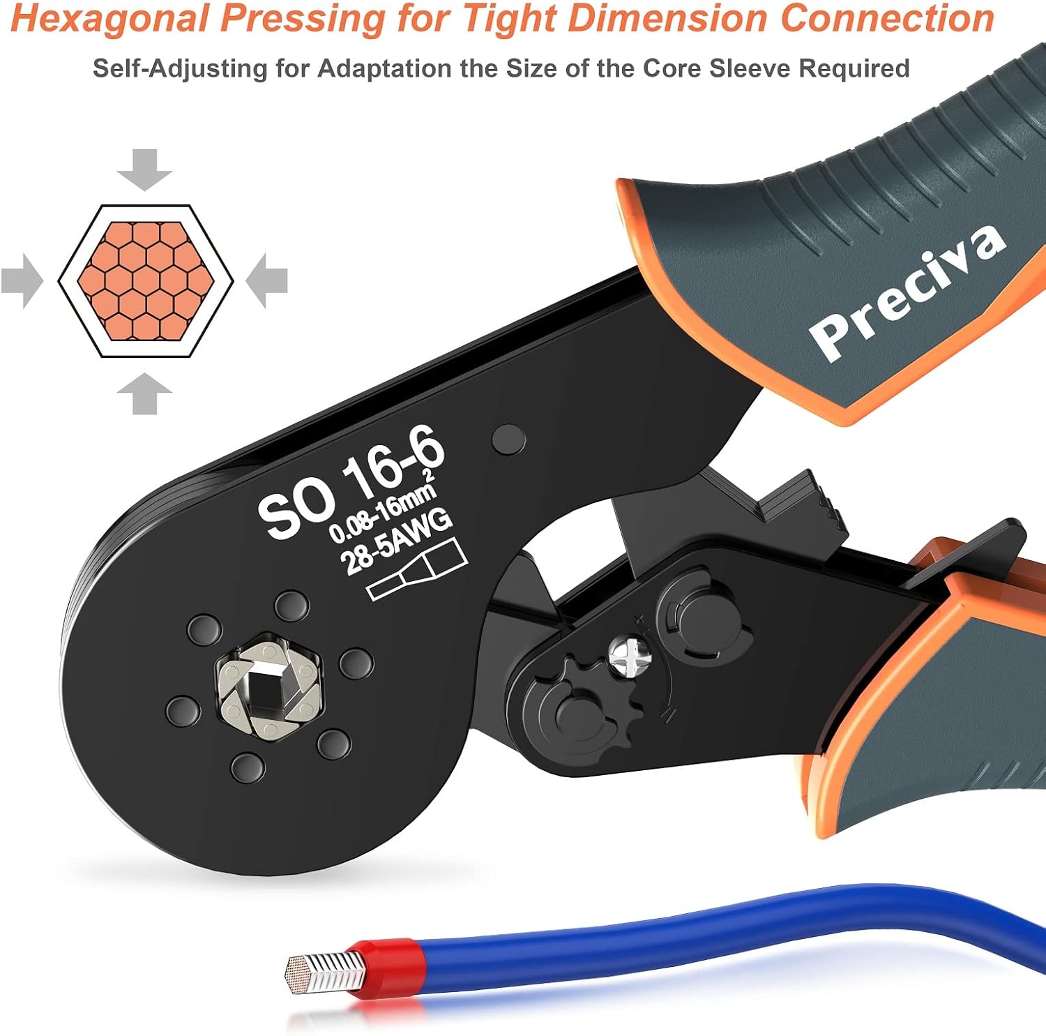 Hexagonal Ferrule Crimper, Preciva 16-6 Hexagonal Jaw Wire Crimping Pliers AWG 28-5 (0.08-16mm²) Self-Adjustable Ratchat Wire Crimping Tools for Wire Terminals Cables End-sleeves-2