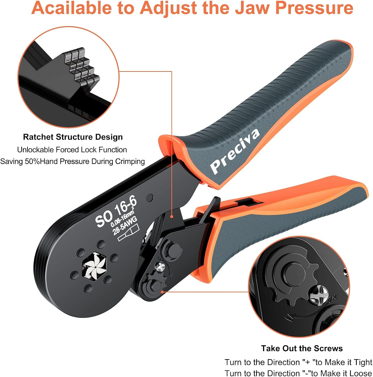 Hexagonal Ferrule Crimper, Preciva 16-6 Hexagonal Jaw Wire Crimping Pliers AWG 28-5 (0.08-16mm²) Self-Adjustable Ratchat Wire Crimping Tools for Wire Terminals Cables End-sleeves-3