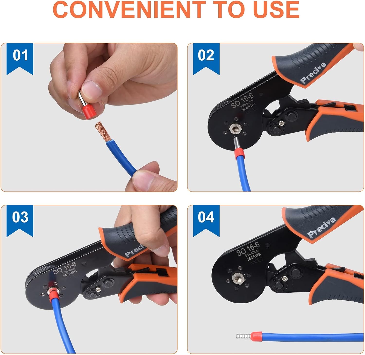 Hexagonal Ferrule Crimper, Preciva 16-6 Hexagonal Jaw Wire Crimping Pliers AWG 28-5 (0.08-16mm²) Self-Adjustable Ratchat Wire Crimping Tools for Wire Terminals Cables End-sleeves-4