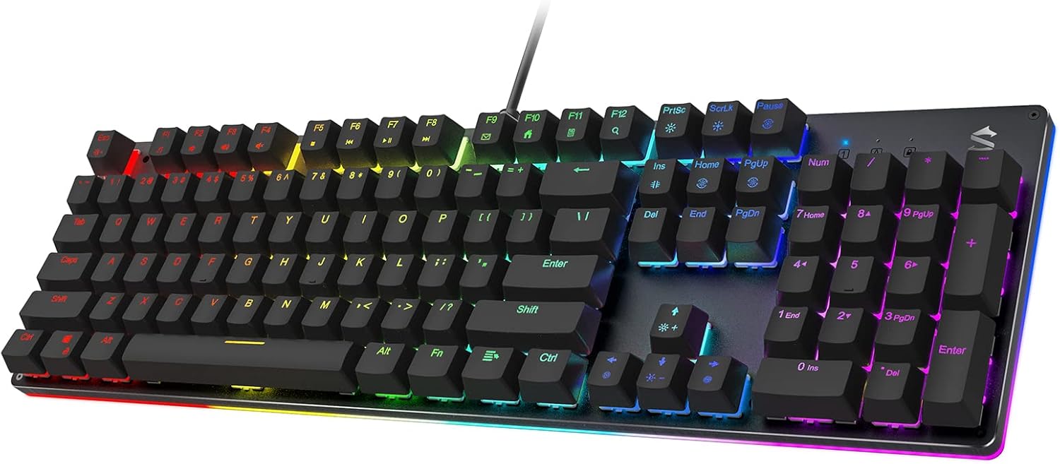 Black Shark RGB Mechanical Gaming Keyboard LED Backlit Wired Keyboard with Blue Switches, Fully Programmable, Anti-Ghosting 104 Keys for Desktop PC, Sixgill K2-0