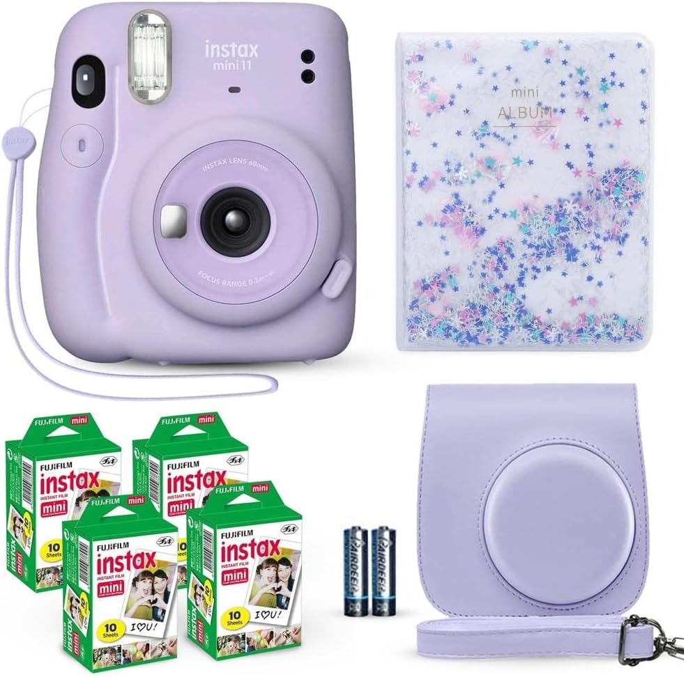 Fujifilm Instax Mini 11 Instant Camera Lilac Purple + Fuji Film Value Pack (40 Sheets) + Shutter Accessories Bundle, Incl. Compatible Carrying Case, Quicksand Beads Photo Album 64 Pockets-0