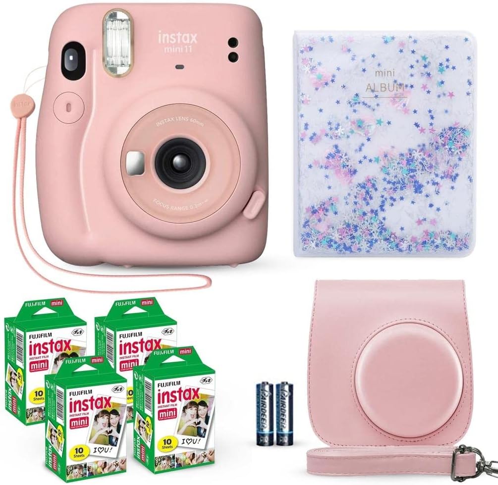 Fujifilm Instax Mini 11 Instant Camera Blush Pink + Fuji Film Value Pack (40 Sheets) + Shutter Accessories Bundle, Incl. Compatible Carrying Case, Quicksand Beads Photo Album 64 Pockets-0