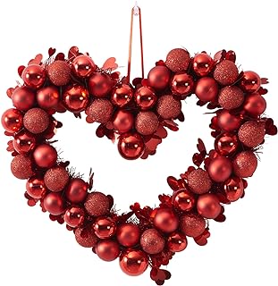 Valentine's Day Front Door Wreath red Heart Decor,Artificial 16”Christmas Holiday Outdoor Indoor Window Wreaths with Frosted Ball Party Decorations