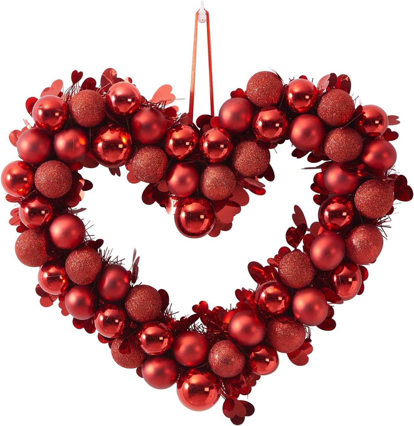 Valentine's Day Front Door Wreath red Heart Decor,Artificial 16”Christmas Holiday Outdoor Indoor Window Wreaths with Frosted Ball Party Decorations-0