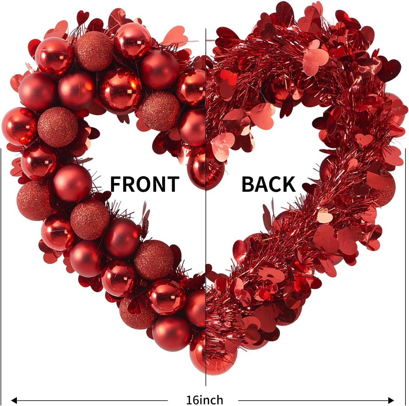 Valentine's Day Front Door Wreath red Heart Decor,Artificial 16”Christmas Holiday Outdoor Indoor Window Wreaths with Frosted Ball Party Decorations-1