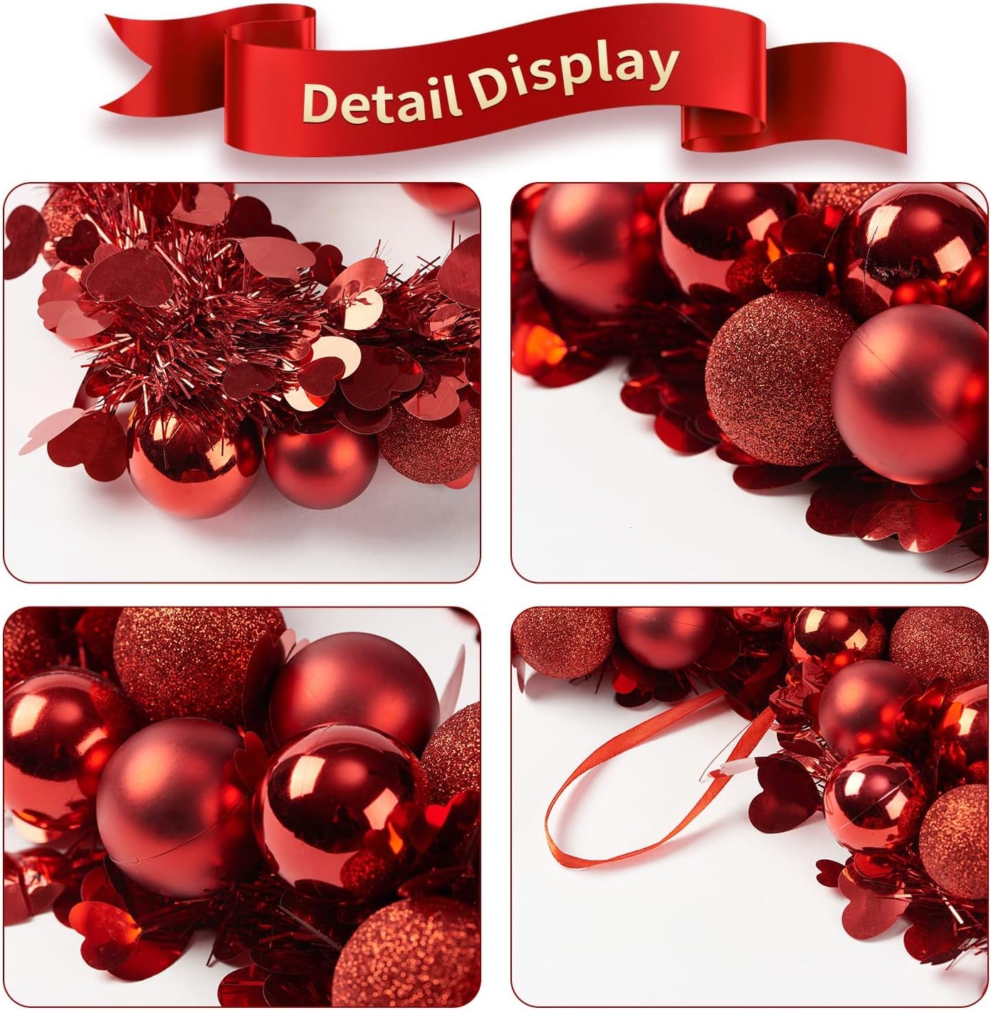 Valentine's Day Front Door Wreath red Heart Decor,Artificial 16”Christmas Holiday Outdoor Indoor Window Wreaths with Frosted Ball Party Decorations-3