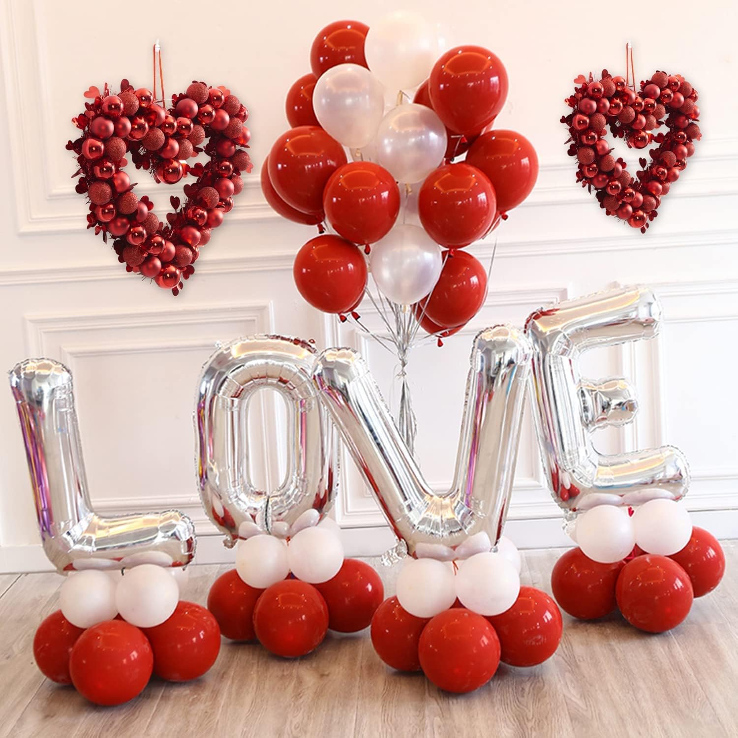 Valentine's Day Front Door Wreath red Heart Decor,Artificial 16”Christmas Holiday Outdoor Indoor Window Wreaths with Frosted Ball Party Decorations-4