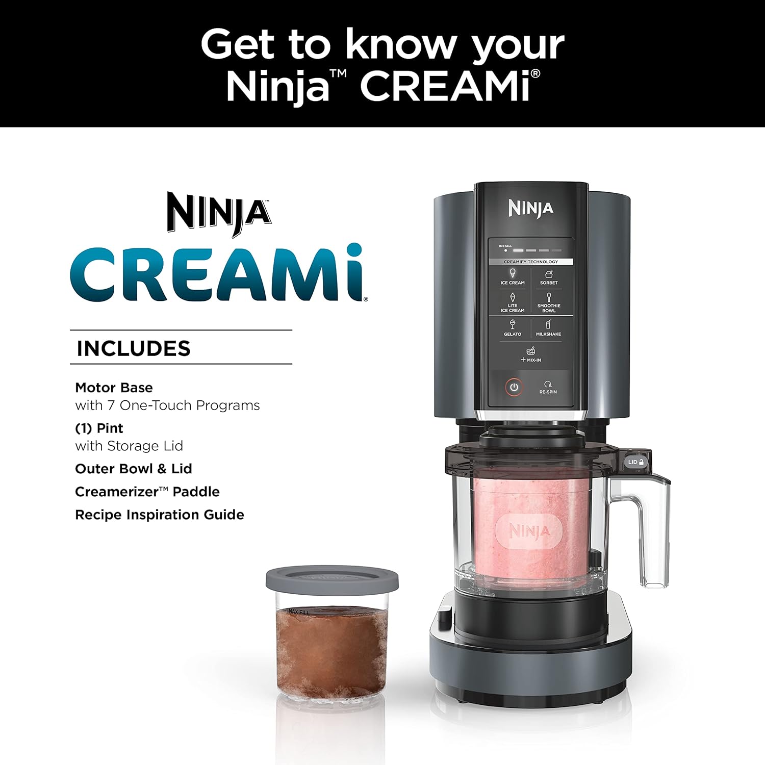 Ninja CREAMi, Ice Cream Maker, Ice Cream, Gelato, Sorbet ,Milkshakes, Mix-ins, Smoothie Bowls & More, 7-in-1, Ice Cream Pints, Pint lid, Healthy Ice Cream, Compact, Perfect for Kids, Black, NC299AMZ-1