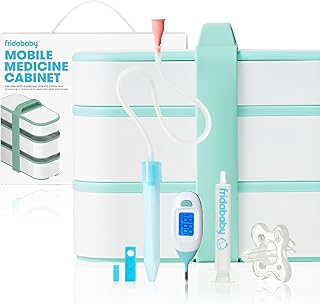 Frida Baby Mobile Medicine Cabinet Travel Kit, Baby Essentials Gift Set Includes NoseFrida Snotsucker, Rectal Thermometer, MediFrida Medicine Dispenser with Portable Carrying Case